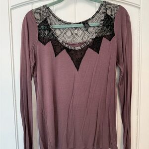 BKE Mauve Long Sleeve Top with Black Lace